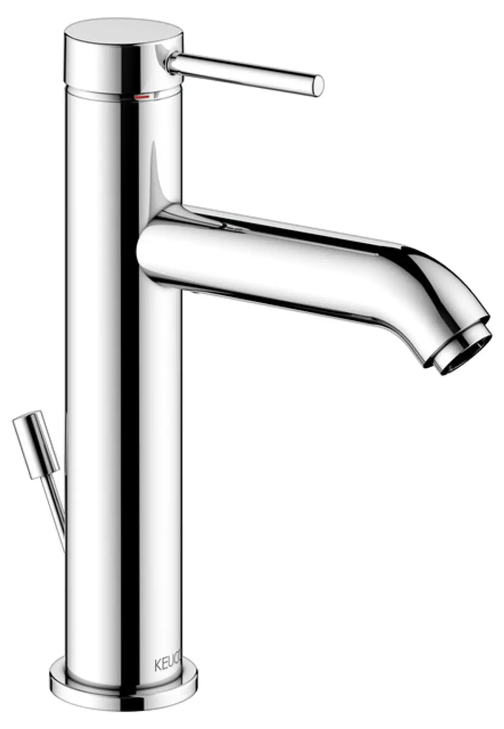 Keuco-Waschtischmischer aus verchromtem Metall mit gebogenem Auslauf und einem seitlichen Hebel für die Temperatur- und Wasserregulierung.